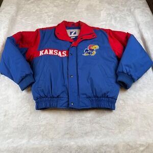 Vintage Logo 7 Kansas Jayhawks Puffer Jacket Mens Medium Blue Red Bomber KU NCAA